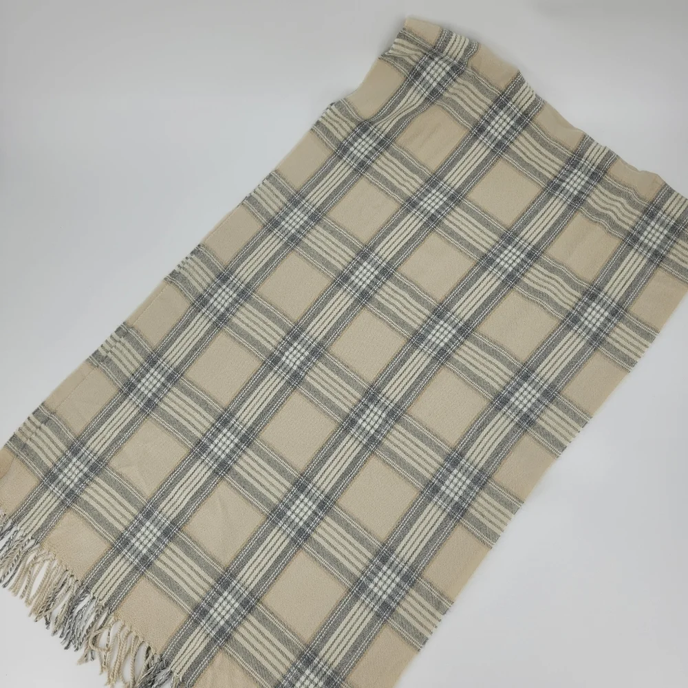 J.Crew Scarf Plaid Neutral Gray Tan Cream Fringe 24x78 Blanket Cottage Cabin